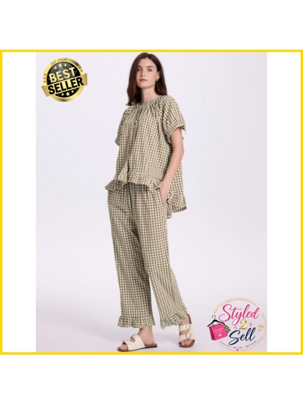100% Cotton Gingham Pajama Set Short Sleeve Button-Up Lounge Set - Picture 2 of 6